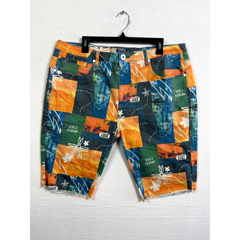 Staple Short Mens 40 Multicolor Patchwork High Rise Frayed Hem Pockets Zip Fly